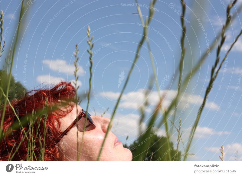 woman resting in the grass Woman Well-being Senses Relaxation Calm Summer Sunbathing Feminine Grass Sunglasses To enjoy Lie Joie de vivre (Vitality) Serene