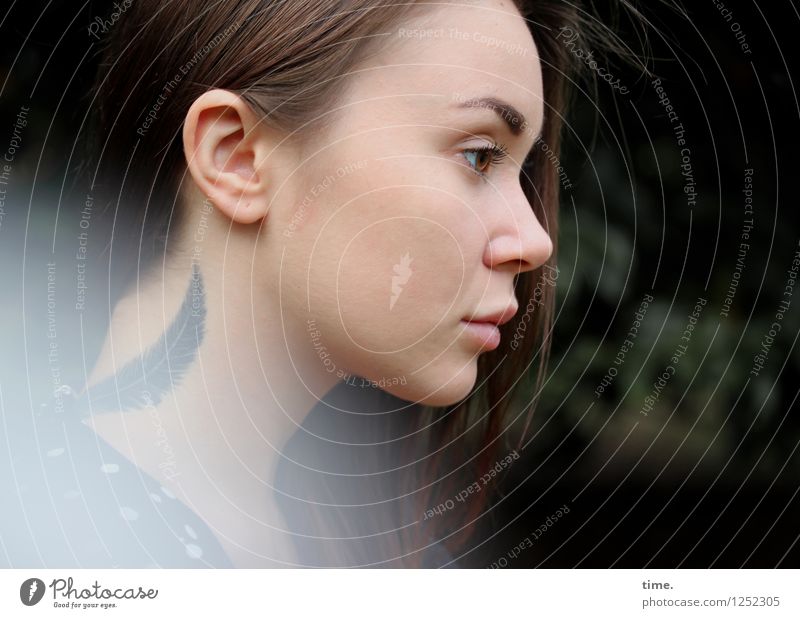 Woman with feather tattoo Feminine Young woman Youth (Young adults) 1 Human being Park Dress Tattoo Brunette Long-haired Observe Think Looking Wait pretty