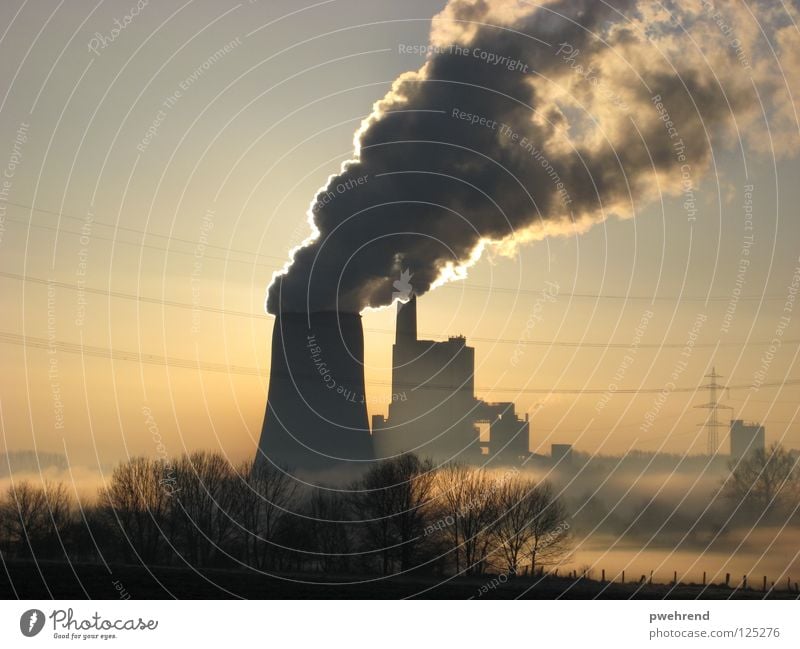 Early in the morning Clouds Fog Electricity Back-light Morning Calm Sky Electricity generating station Sun Energy industry Smoke