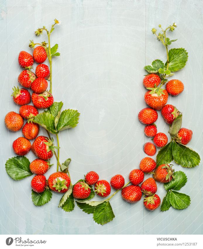 Strawberries with flowers and leaves, frame Food Fruit Dessert Nutrition Breakfast Organic produce Vegetarian diet Diet Style Design Healthy Eating Life Summer