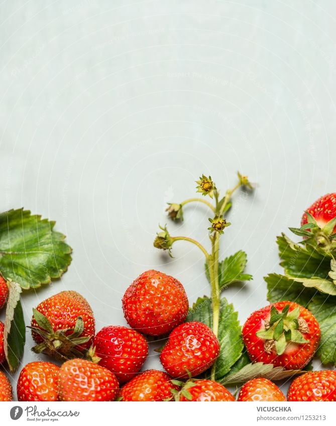 Ripe strawberries with green leaves and flowers Food Fruit Dessert Nutrition Breakfast Organic produce Vegetarian diet Juice Style Healthy Eating Life Summer