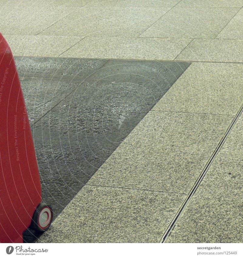 top right Vacation & Travel Suitcase Red Railroad tracks Floor covering Gray Gradation Commercial Private Gloomy Evening Late Take a photo Deserted Square