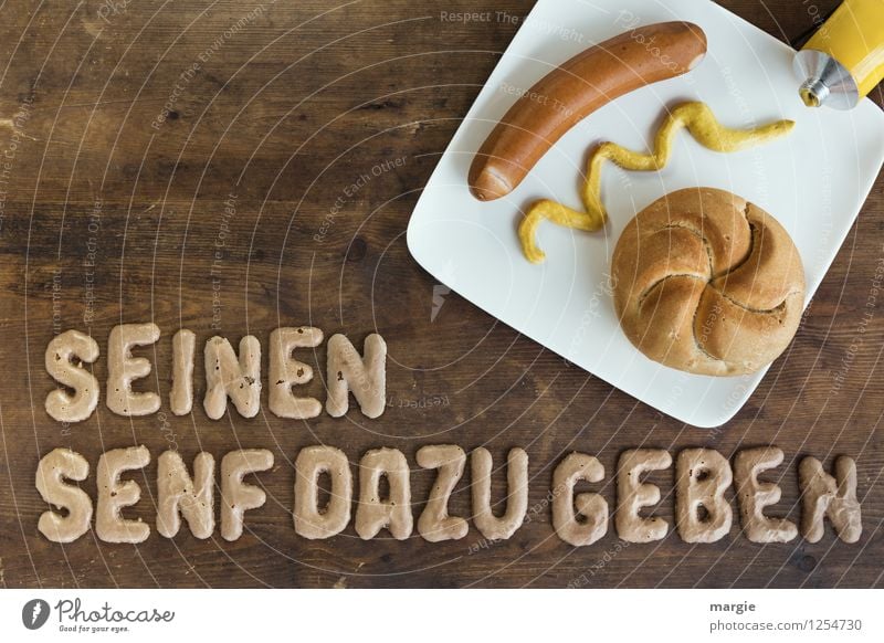 Giving the letters HIS MUSTARD on a rustic wooden table, a plate with sausage, bread rolls and mustard Food Meat Sausage Bread Roll Mustard Nutrition Breakfast