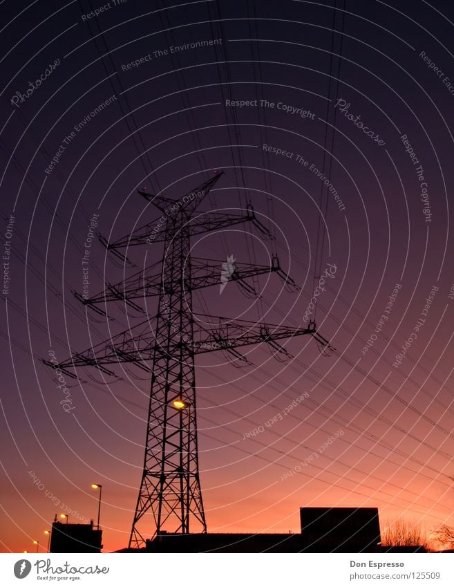 Sunday evening Sunset Clouds Red Evening Light Electricity pylon Physics Violet Moody Sky Lamp Orange Line Cable Warmth Beautiful weather