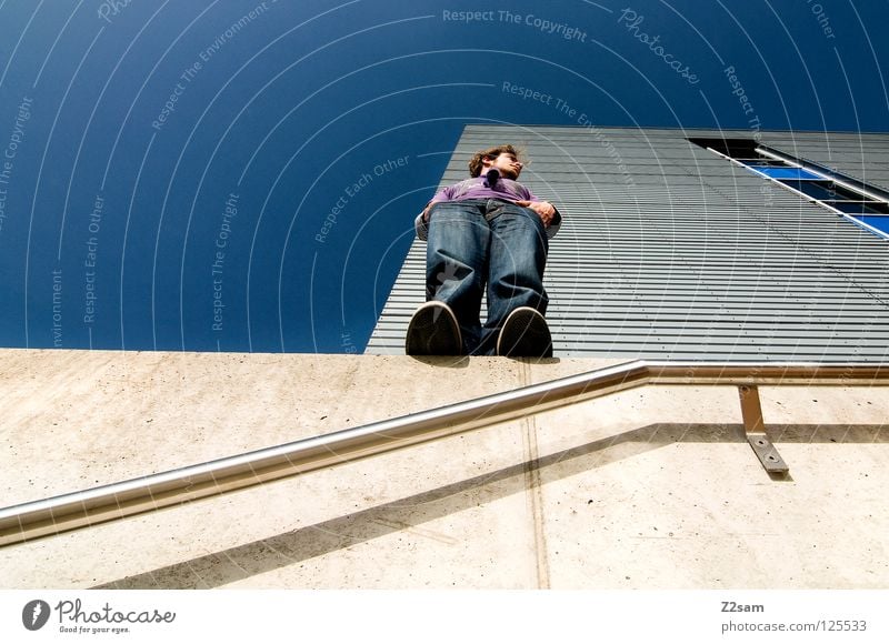 OUTLOOK II Bird's-eye view Stand Hand Chrome Glittering White Jeans Wall (building) Building Wall (barrier) Violet Clang Concrete Forwards Blonde Man Masculine