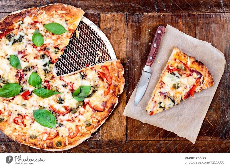 Fresh homemade pizza Food Vegetable Dinner Fast food Italian Food Knives Table Paper cuisine Home Home-made Horizontal Meal Pie piece Pizza popular prepared