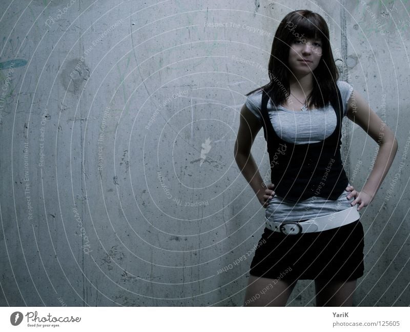 grey in grey II Concrete wall Gray Woman Wall (building) Wall (barrier) Posture Gesture Photo shoot Portrait photograph Mini skirt Dark Neon light Exposure