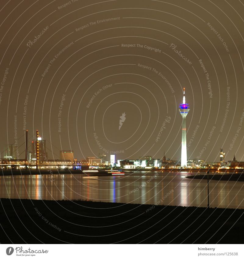 big city life Rheinturm Town Lifestyle Night life Transmit Transmitting station Long exposure Exposure Duesseldorf Modern Rhine Evening Street Blue Skyline