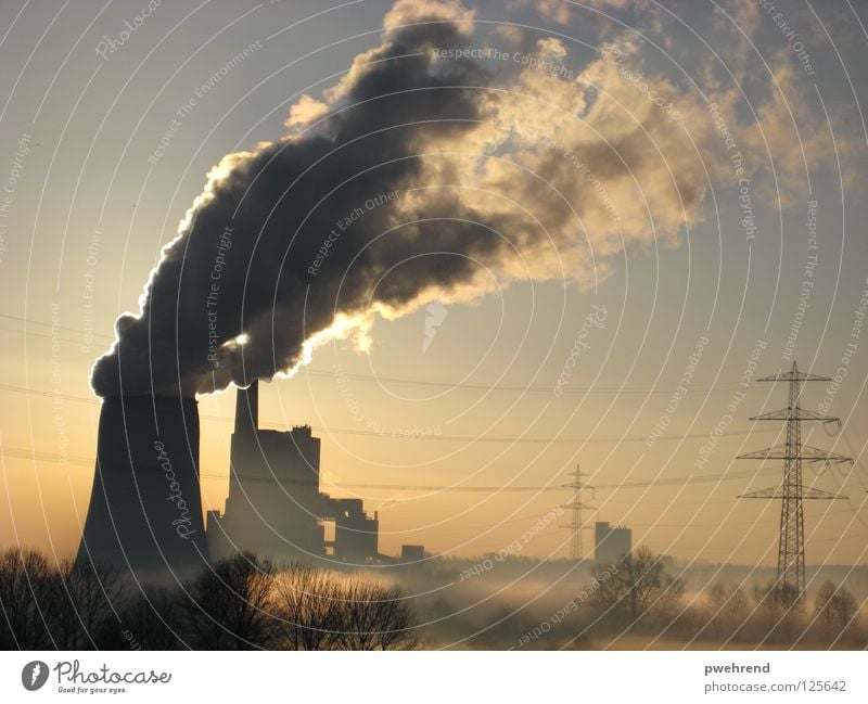 Early morning II Clouds Fog Electricity Back-light Morning Calm Electricity pylon Sky Electricity generating station Sun Energy industry Smoke