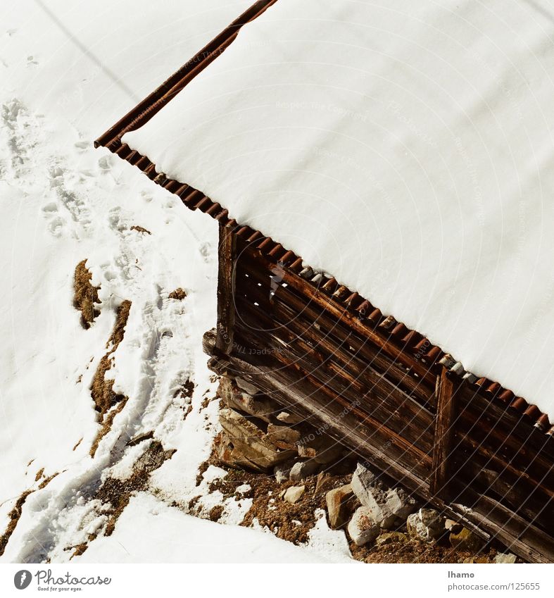 hut magic Wood Winter Cold Bird's-eye view Brown White Derelict Switzerland Hut Snow mountain idyll Mountain mountain hut Alpine pasture