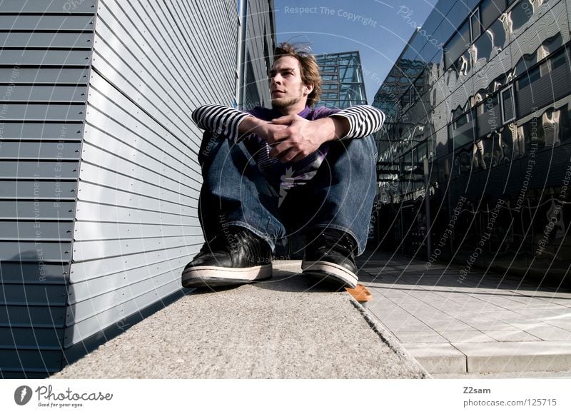 creative break Cozy Chrome Glittering White Jeans Adjustment Wall (building) Building Wall (barrier) Cap Violet Concrete Forwards Blonde Man Masculine