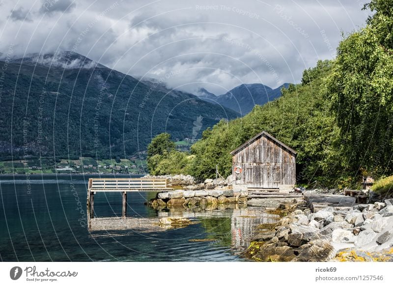 Boathouse at the Storfjord Relaxation Vacation & Travel Mountain Water Clouds Grass Fjord Old Idyll Nature Tourism Norway North Dal Møre og Romsdal boathouses