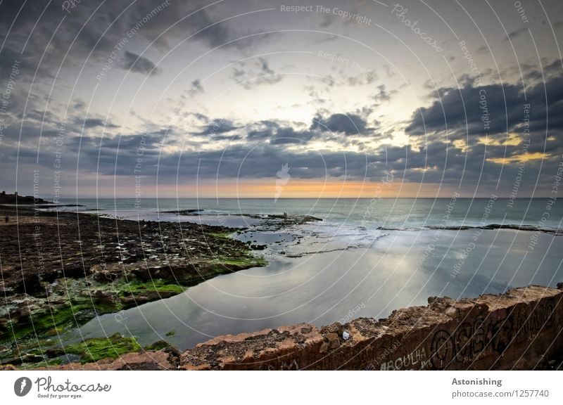 After Sunset Environment Nature Landscape Plant Water Sky Clouds Horizon Sunrise Summer Weather Beautiful weather Rock Waves Coast Ocean Atlantic Ocean Rabat