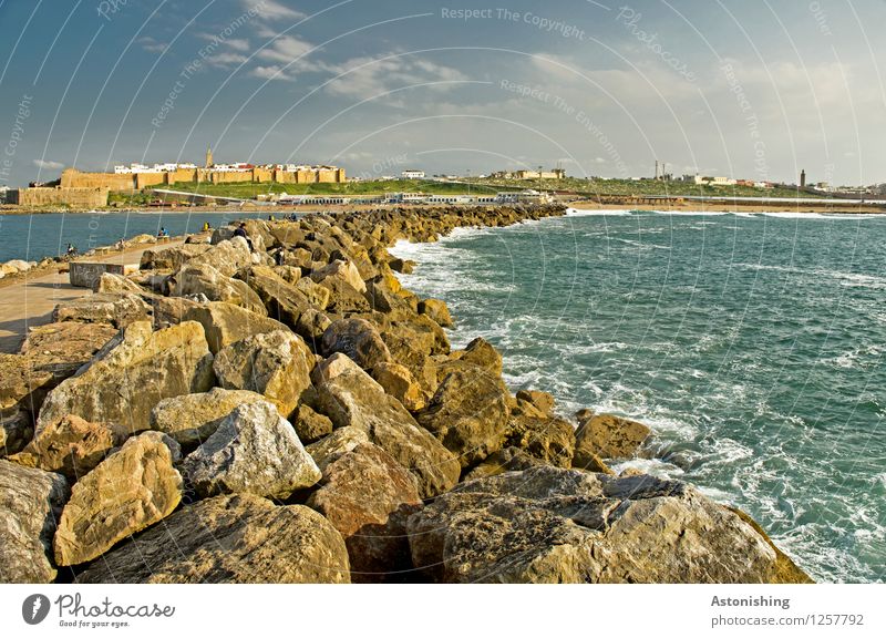 the curve to Rabat Environment Nature Landscape Sky Clouds Summer Weather Beautiful weather Plant Rock Waves Coast Ocean Atlantic Ocean Morocco Town