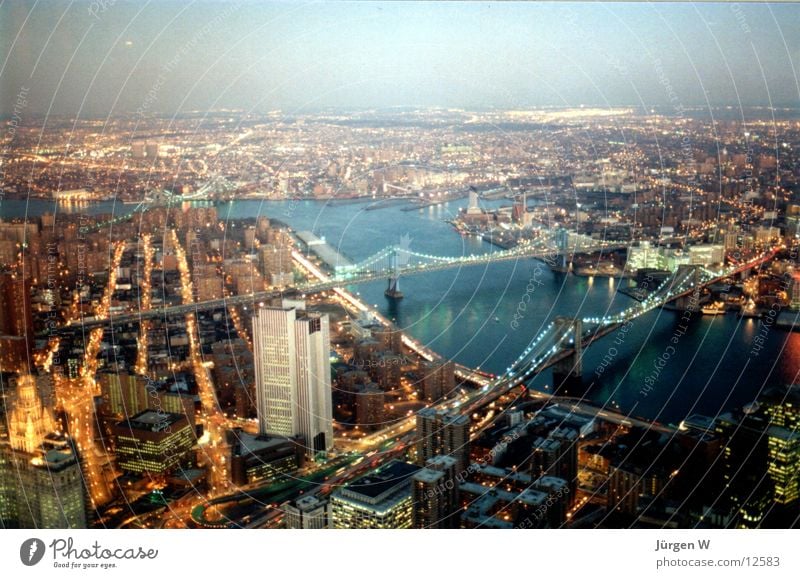 Dusk in New York New York City Twilight Light North America River Bridge Lighting USA Manhattan Panorama (View) Far-off places Vantage point Bird's-eye view