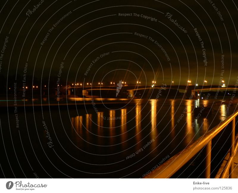 bridgelights Night shot Worms Dark Black Dusk Watercraft Reflection Bridge Long exposure Light Rhine River Gold Evening Handrail