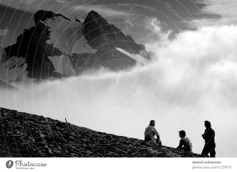 Back light at an altitude of 3000 meters Peak Go up Dramatic Clouds Black White Switzerland Bernese Oberland Hiking Light Back-light Mountaineering Dangerous