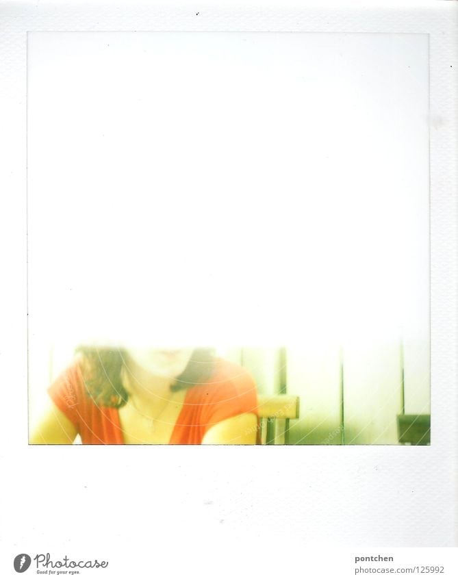 Misdeveloped polaroid shows chin and half of the upper body of a woman Colour photo Polaroid Copy Space top Copy Space bottom Summer Human being Woman Adults