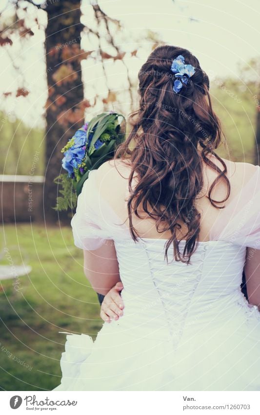 retrospect Human being Feminine Young woman Youth (Young adults) 2 Tree Park Embrace Wedding Bride Dress Bouquet Hair and hairstyles Colour photo Subdued colour