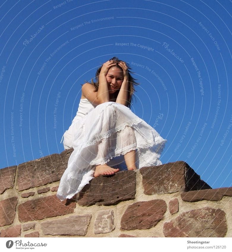 And where's the groom? Bride Woman Wall (barrier) White Sit Blue sky all in white Where is he?