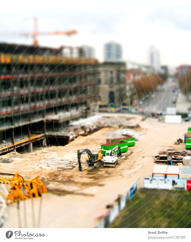 mini construction site Tilt-Shift Small Miniature Bird's-eye view Oberhausen The Ruhr North Rhine-Westphalia Green Palace Republic Excavator Crane