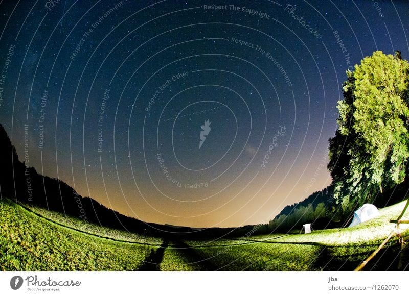 Night sky in Emmental II Calm Camping Nature Landscape Air Earth Sky Stars Horizon Summer Beautiful weather Tree Field Switzerland Blue Fisheye Storage area