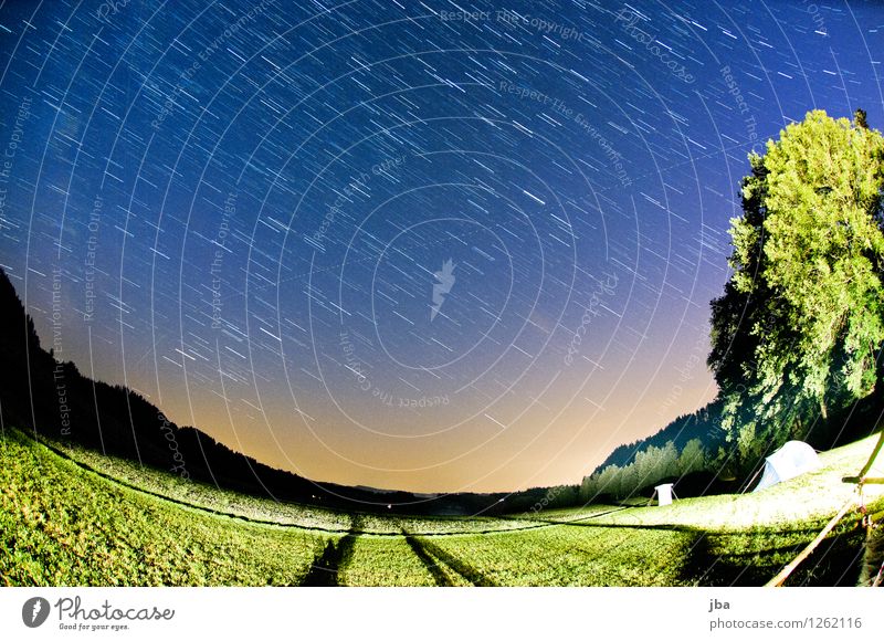 Night sky in Emmental III Life Summer Art Nature Landscape Elements Sky Stars Beautiful weather Tree Field Tent latrine Rotate Dark Bright Blue Fisheye Horizon