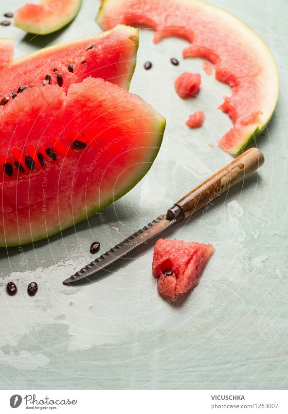 Eating juicy watermelon Food Fruit Dessert Nutrition Breakfast Organic produce Vegetarian diet Diet Juice Knives Style Design Healthy Eating Life Summer Table