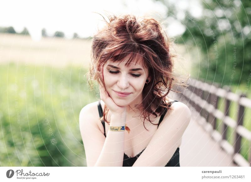 girl with brown hair Happy Summer Feminine Young woman Youth (Young adults) 1 Human being 18 - 30 years Adults Nature Sun Beautiful weather Meadow Field Village