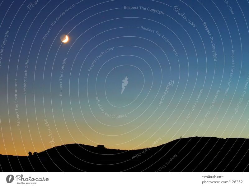 lunar landscape Summer Sunset Black Yellow Crescent moon Moonlight Mountain Hill Progress Sky Blue Orange sickle Contrast Silhouette mountains