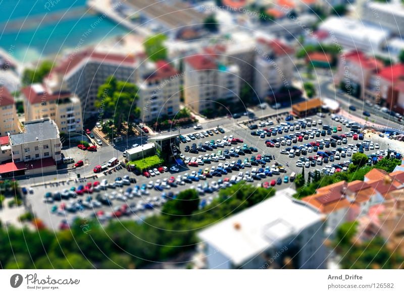 mini parking Tilt-Shift Small Miniature Bird's-eye view Oberhausen The Ruhr North Rhine-Westphalia Green Gibraltar Spain Great Britain England Parking lot