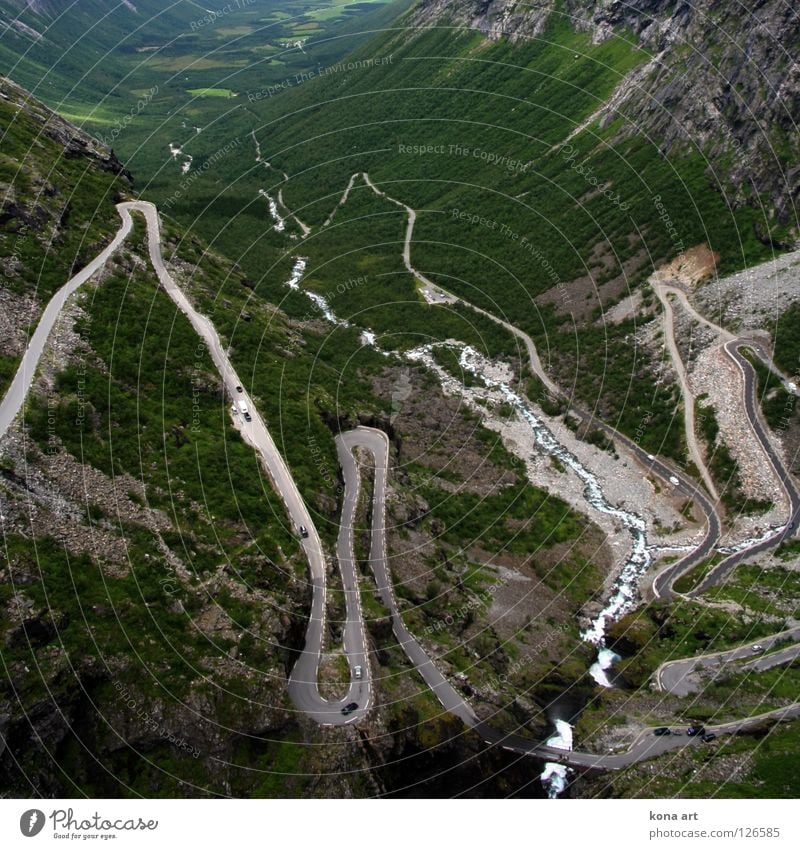 always lively up and down Winding road Green Steep Expressway exit Upward Trollstigen Norway Motor vehicle Asphalt Downward Go up Forest Tree Tracks