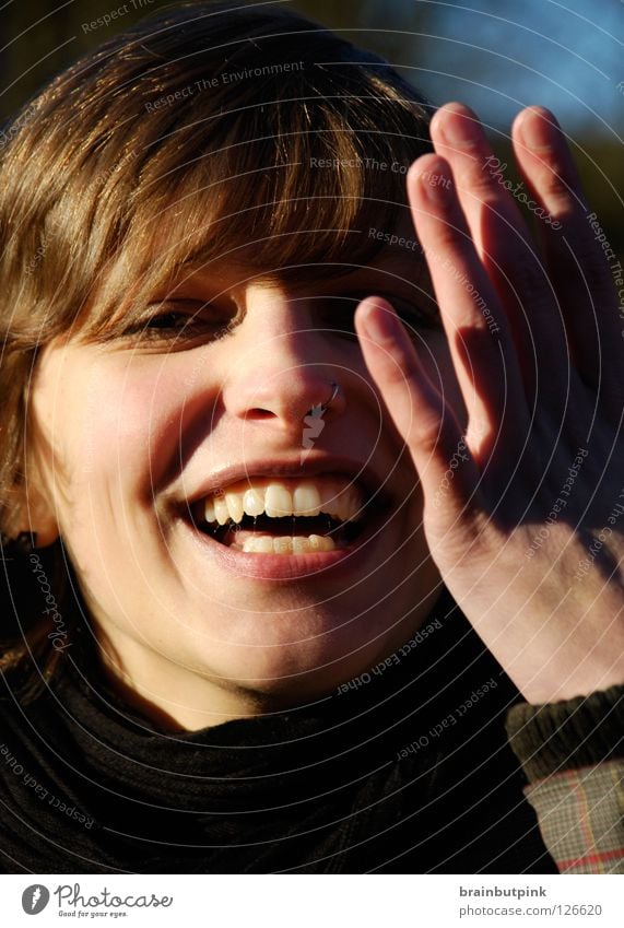 sun-loving Portrait photograph Woman Style Yellow Autumn Frontal Thank you very much Happiness Joy Trust Laughter Sky Hide Looking Teeth