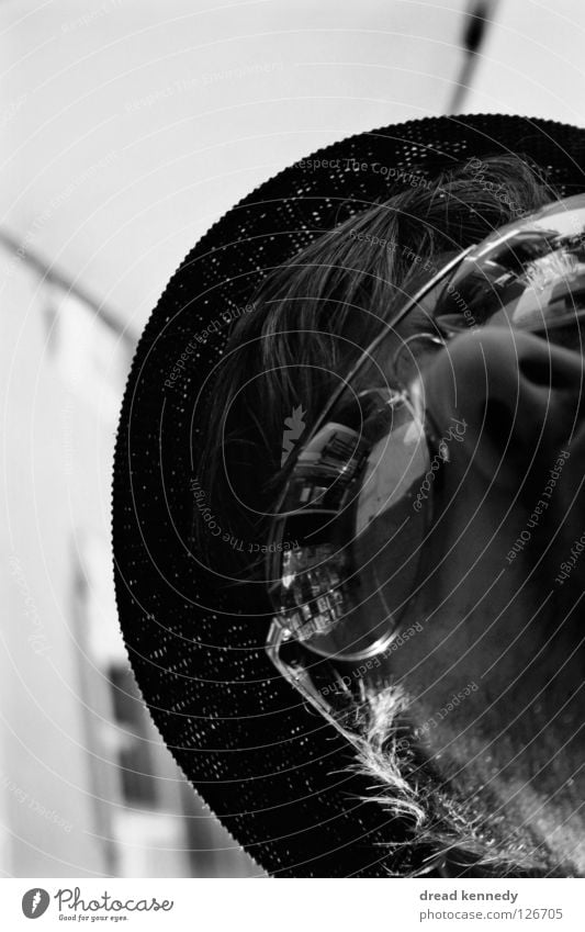 Coffee Hat Black & white photo Exterior shot Copy Space left Copy Space top Day Worm's-eye view Portrait photograph Upward Hair and hairstyles