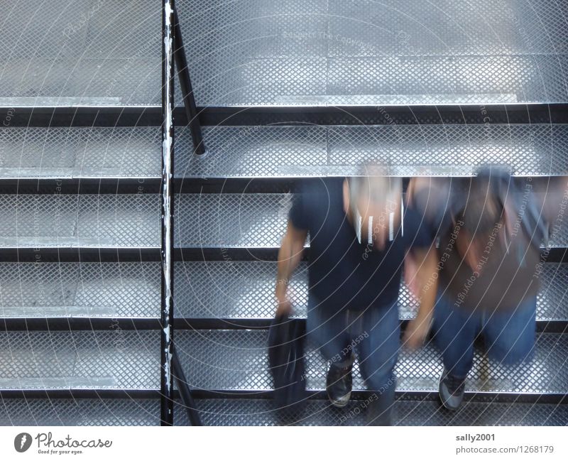 rush hour... Human being Couple 2 Stairs Running Movement Together Speed Town Gray Stress Nerviness Relationship Business Resolve Modern Lanes & trails Time