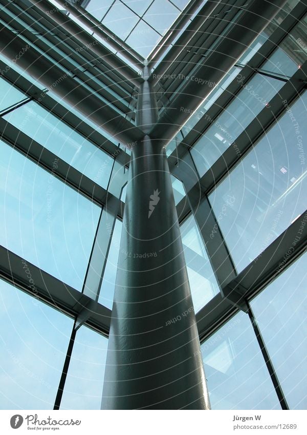 atrium Well of light Staircase (Hallway) Elevator shaft Window Steel Carrier Sky Architecture Glass Blue stairway elevator blue steel