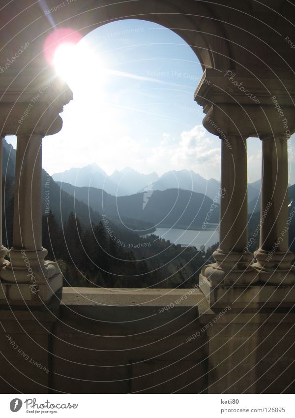 View from the balcony of Neuschwanstein Window Balcony Lake Back-light Forest Patch of light Bavaria Culture Romance Arcade Landmark Monument Art Historic Alps