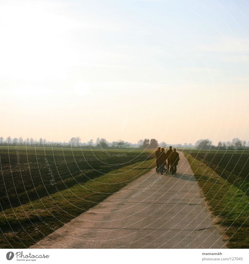 stroll To go for a walk Hiking Footpath Sun Field Horizon Air Baby carriage Pothole Grass Spring Walking Lanes & trails Street Nature To talk Joy Wind Shadow