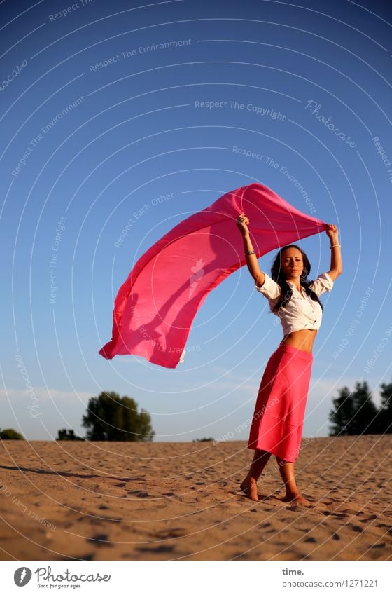 Windy Nastya. Feminine 1 Human being Sand Sky Cloudless sky Summer Tree Dune Shirt Skirt Cloth Rag Barefoot Black-haired Long-haired Observe To hold on Looking