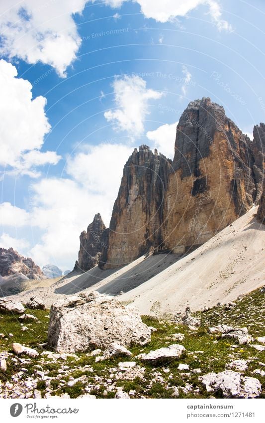 2999 meters of luck Nature Landscape Plant Animal Elements Sky Clouds Sunlight Summer Beautiful weather Grass Mountain Three peaks Dolomites Peak Alpine pasture