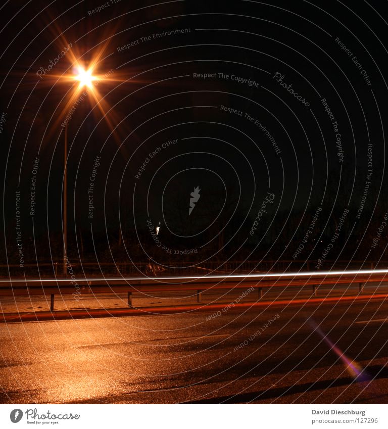 The road to my castle Yellow Puddle Reflection Rear light Lantern Long exposure Multi-line Curbside Speed control Black Red Night Dark Lamp Sky Hover