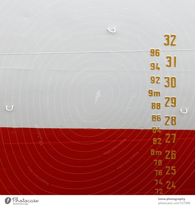 The measure of things Meter Metre-stick Customs Digits and numbers Unit of measurement Draft Watercraft Bow Red White Eyelet Checkmark Drop anchor Anchor