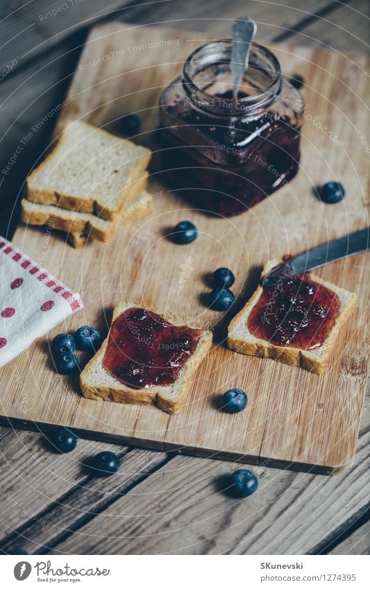 Toast bread with wild strawberry jam. Retro,vintage filter Food Fruit Bread Dessert Jam Nutrition Breakfast Vegetarian diet Diet Summer Table Kitchen Wood Fresh