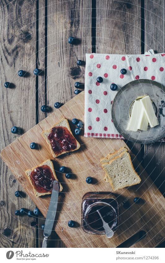 Toast bread with wild strawberry jam. Retro,vintage filter Food Fruit Bread Dessert Jam Nutrition Breakfast Vegetarian diet Diet Summer Table Kitchen Wood Fresh