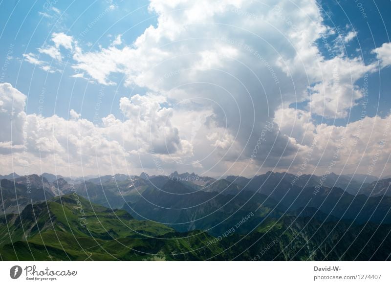 Mountains far and wide Environment Nature Landscape Air Sky Clouds Sunlight Summer Climate change Weather Beautiful weather Hill Rock Alps Peak Longing