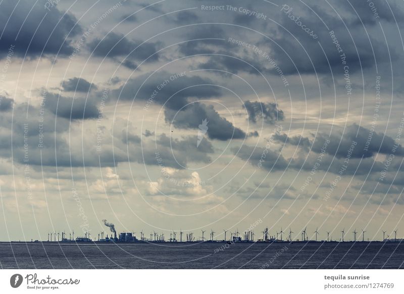 The sky over Eemshaven Energy industry Renewable energy Wind energy plant Elements Air Water Sky Clouds Storm clouds Coast North Sea Netherlands Port City