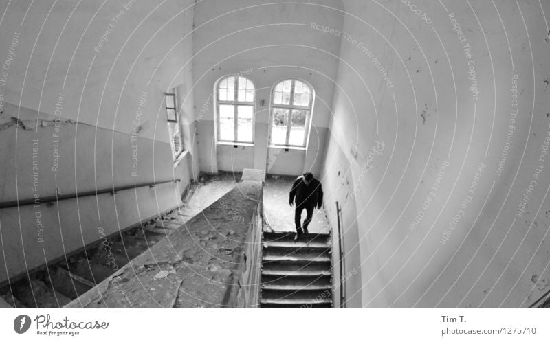 hospital Brandenburg Outskirts Old town House (Residential Structure) Ruin Manmade structures Stairs Window Services Decline Hospital Black & white photo