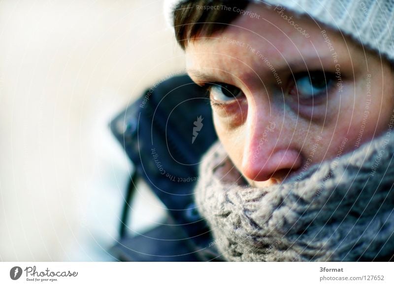 still winter Woman Portrait photograph Fix Looking Earnest Skeptical Think Pervasive Derogative Ask Winter Autumn Cold Wet Comfortless Bad weather Scarf Cap