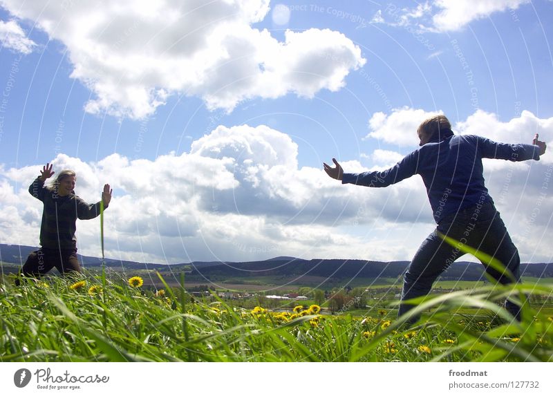 fight Flower Meadow Panorama (View) Clouds Ilmenau Spring Dazzle Idyll Youth (Young adults) Heavenly Beautiful Alert High spirits Action Air Frozen Grass Green