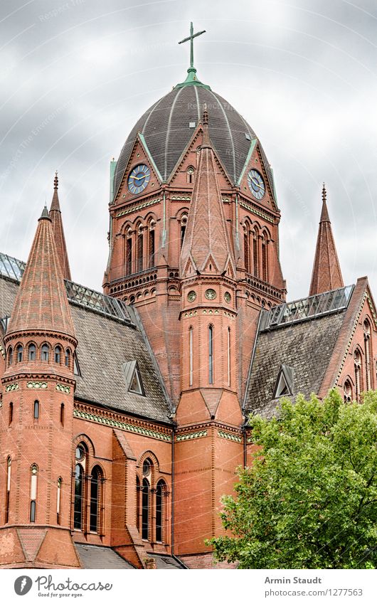 occident Lifestyle Architecture Autumn Winter Bad weather Tree Berlin Kreuzberg Capital city Church Tourist Attraction Crucifix Authentic Historic Red Moody